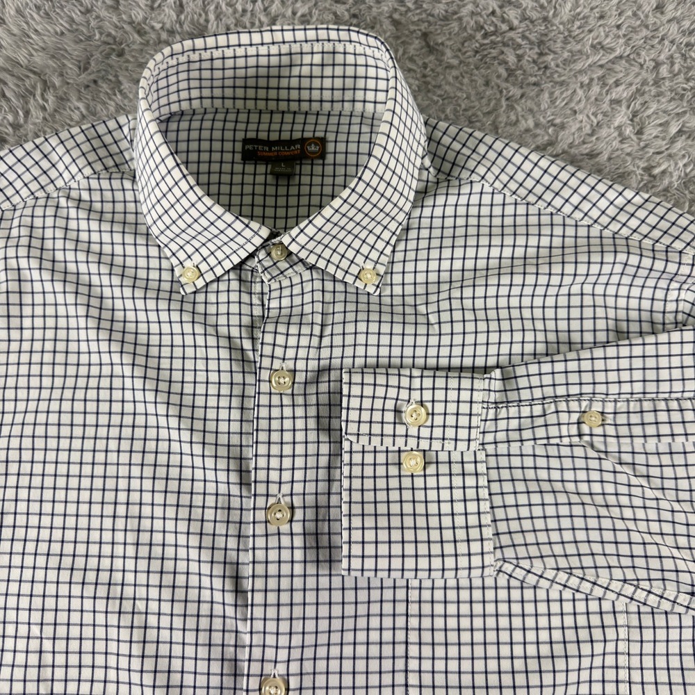 Peter Millar Summer Comfort Mens L Performance Shirt Navy White Tattersall Check